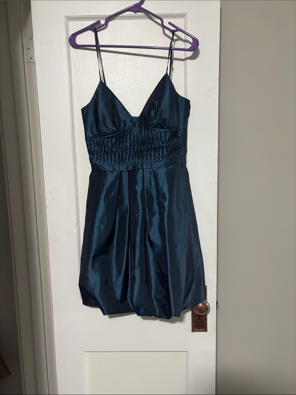 BCBG Teal Satin V-Neck Smocked Waist Slip Dress